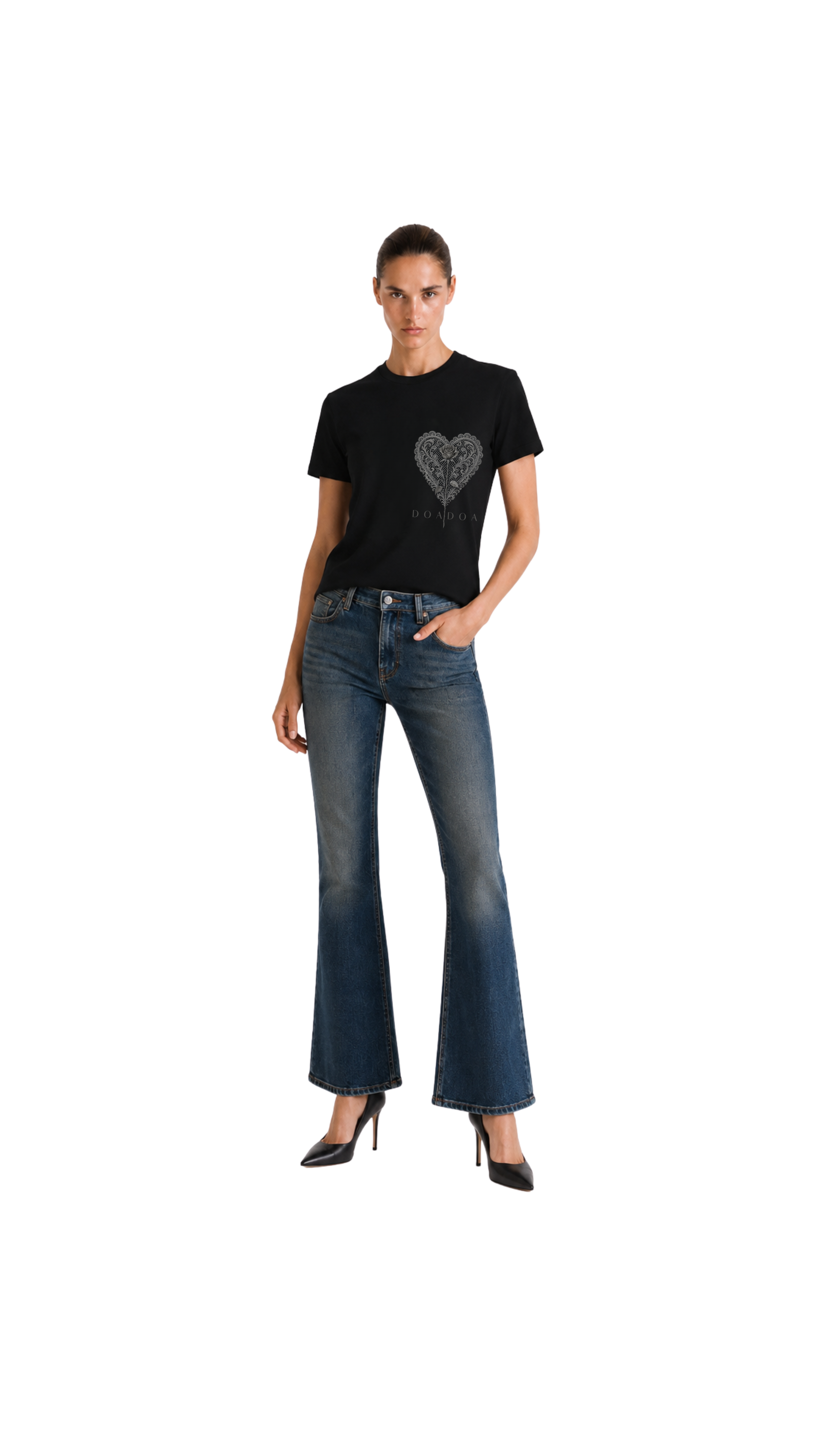 DOADOA Women Lace Heart Rose Tee